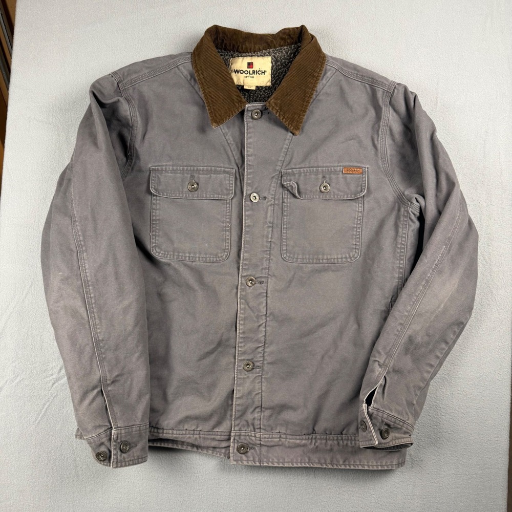 Woolrich Mens Gray Canvas Barn Chore Sherpa Lined Work Jacket L